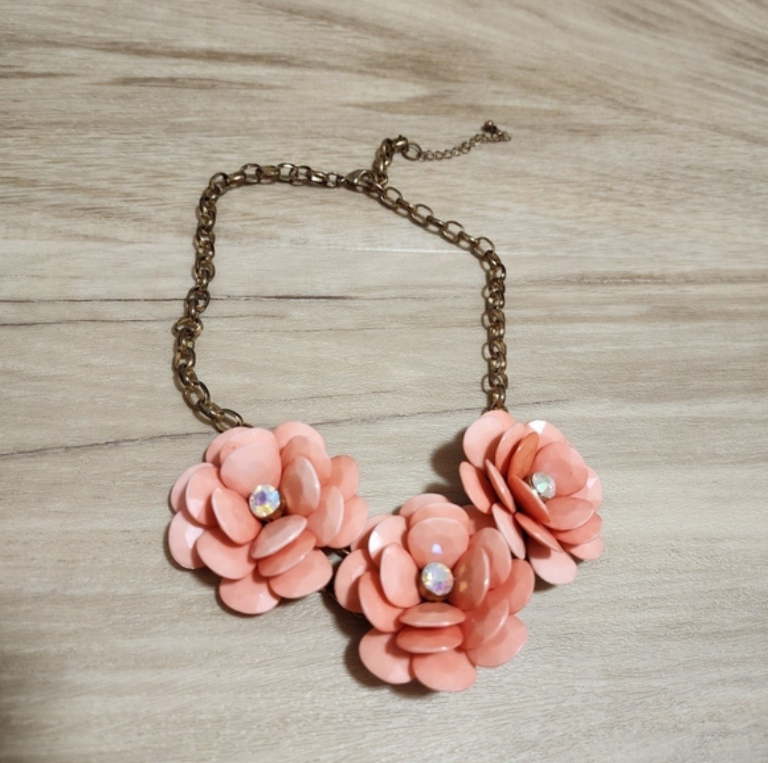 Pink Flower Statement Cable Chain Necklace, Clear Crystal Charms, Adjustable