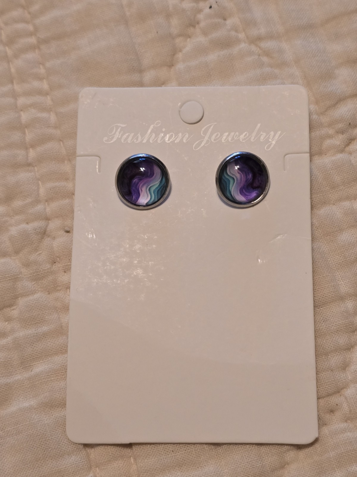 Violet, Teal, Turquoise, Mint Green Swirling Waves Cabochon Stud Earrings