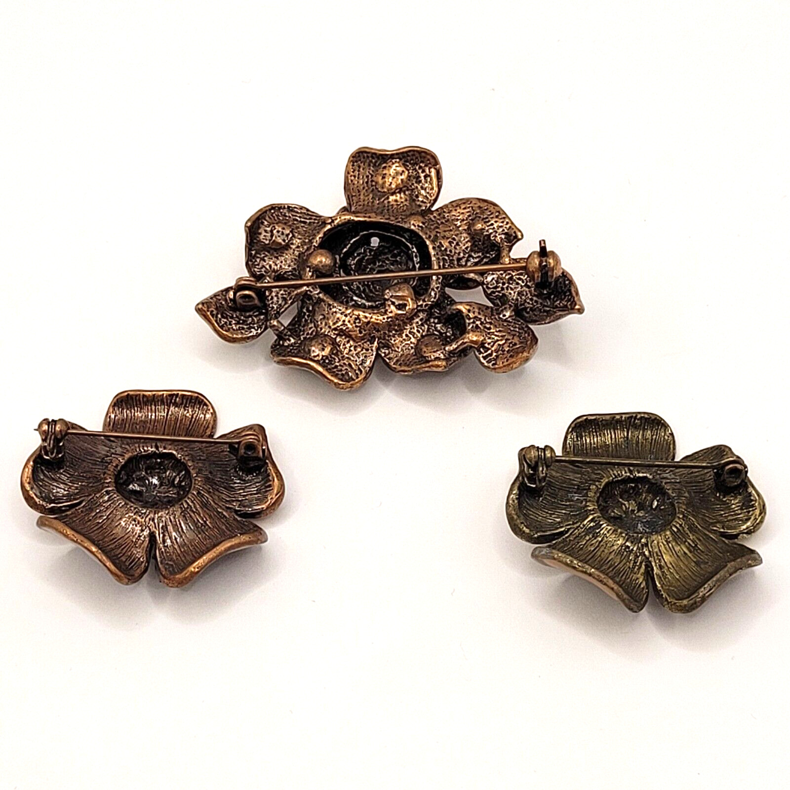 3 Flowers Sparkling Rhinestone Glossy Enamel Metal Floral Trio Brooch Pin Set