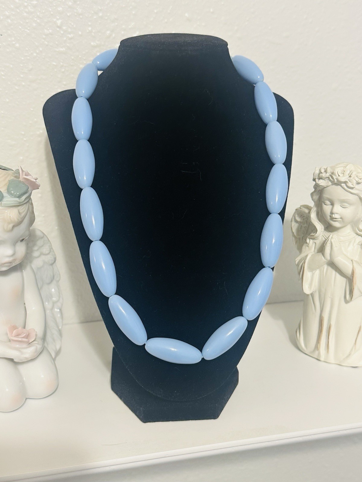 Blue Plastic Beaded Cable Chain Necklace Silver Tone Adjustable Spring Ring