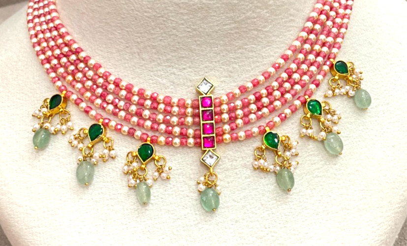 CZ pearl choker necklace features multiple strands of pink beads