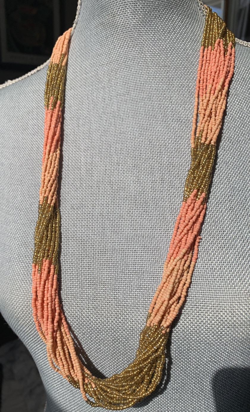 New Seed Bead Necklace by Anthropologie salmon pink gold NWT $38. Multi Strand