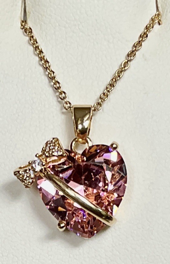 Pink Heart Cut Necklace – 13mm Or 12.0ctw – Goldtone Setting – 18” Chain !!!