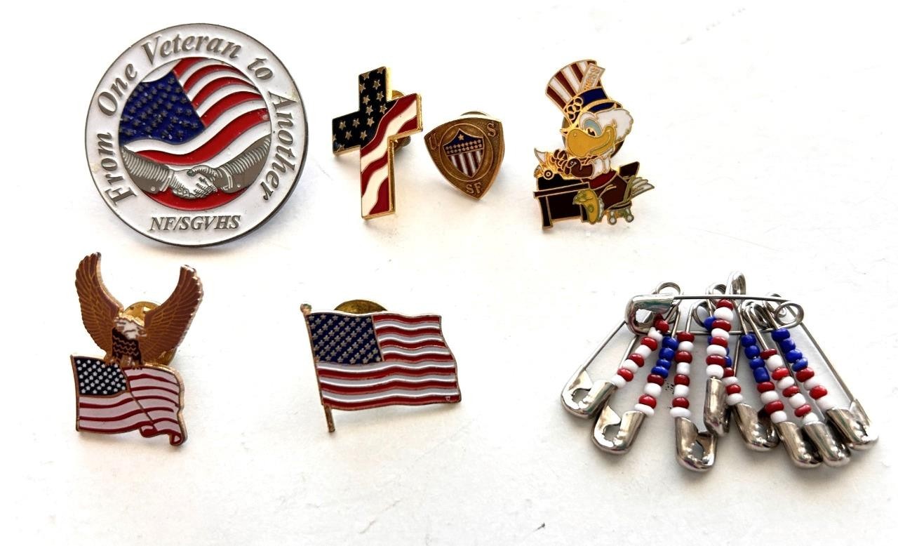 LOT 7 patriotic pins pinbacks eagle flag Veteran safety pins cross metal