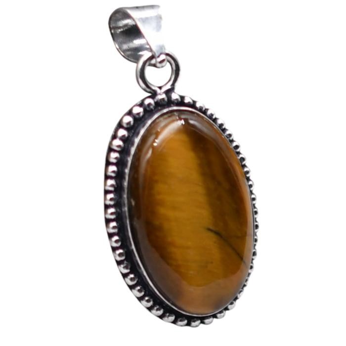 Tiger Eye Natural Gemstone Antique Silver Plated Pendant 1.5″ J 1080