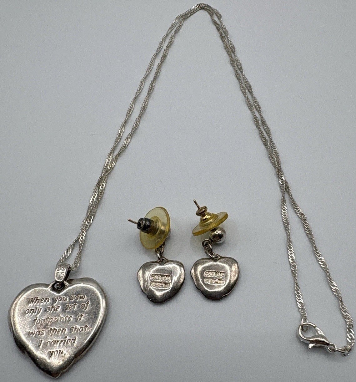 Gorham Sterling Silver 2 Tone Footprints Heart Necklace & Earrings Set