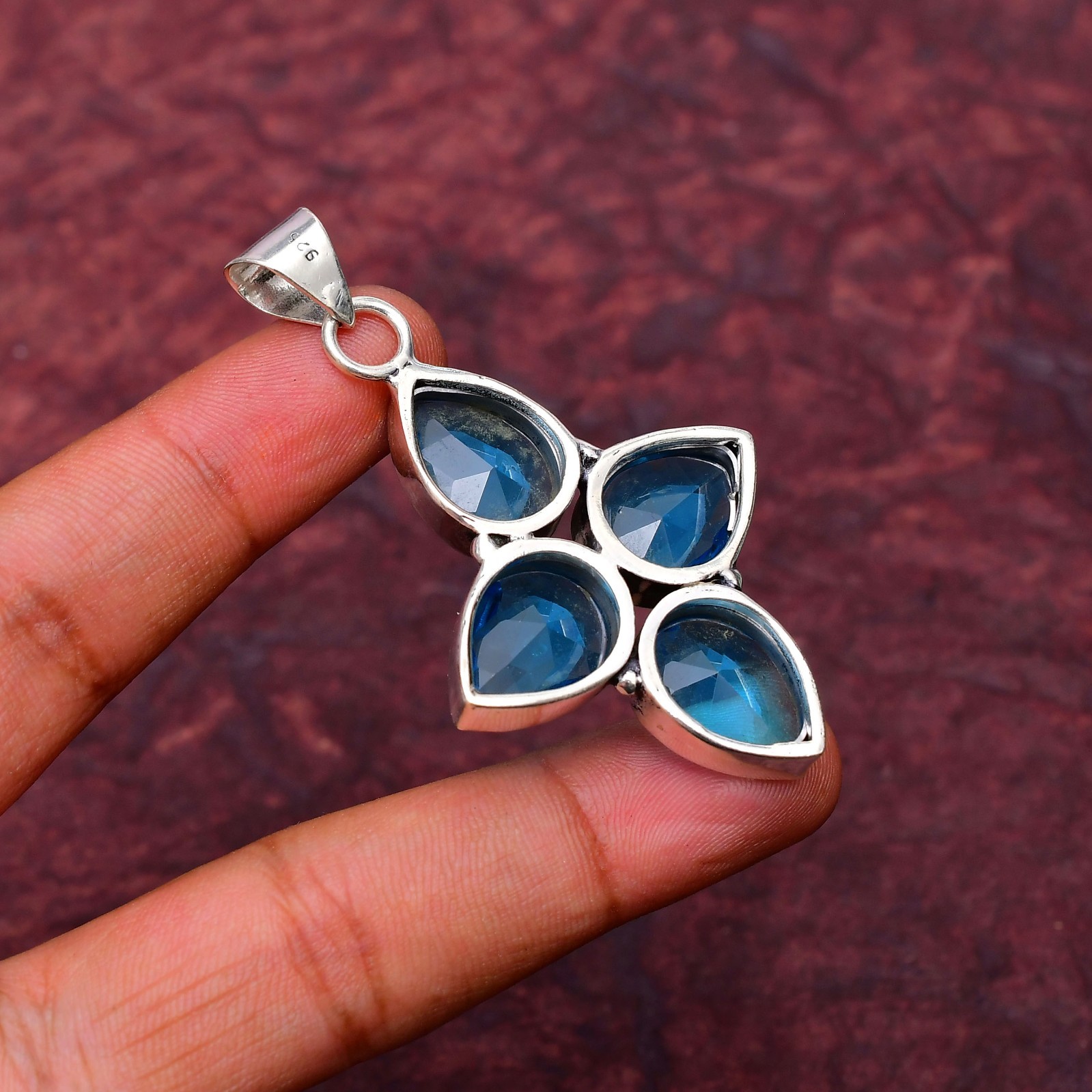 Blue Topaz Gemstone 925 sterling silver Handmade Cross Pendant jewelry 2.28″