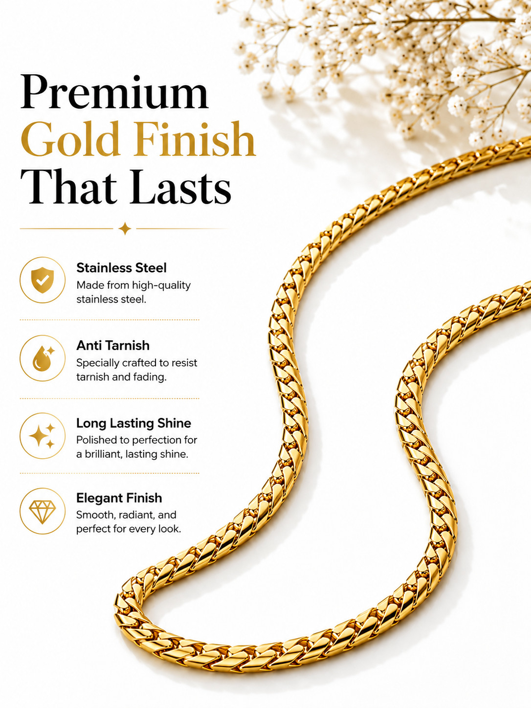 Premium Gold Finish Stainless Steel Chain 22 Inch Unisex Necklace for Men Women