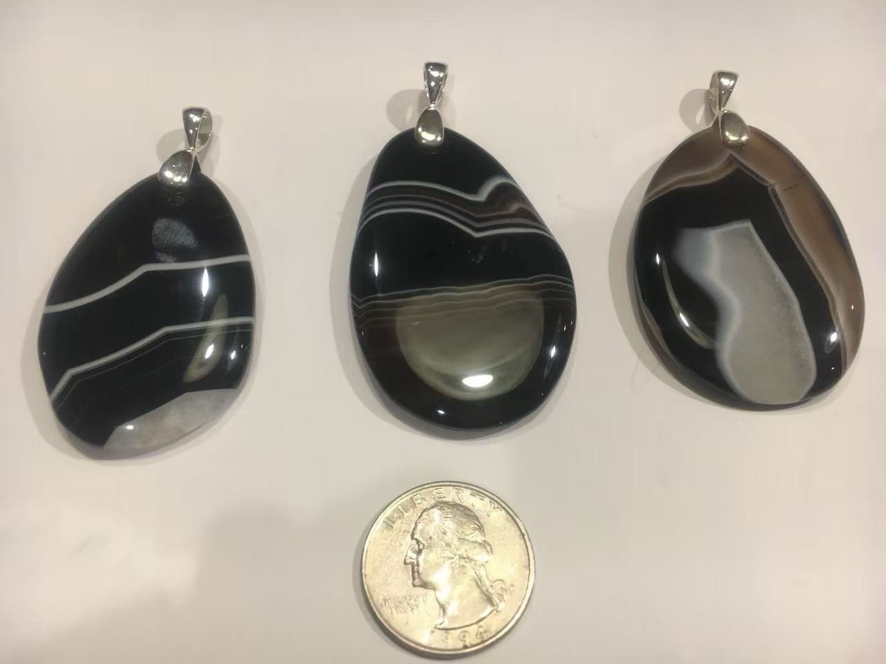 3 of Black & White Banded Agate Oval Bezel Pendants Charm Silver Tone Bail
