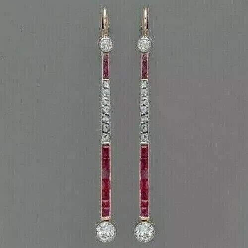 Art Deco 2.30Ct Emerald Simulated Red Ruby Drop Earrings 14K Yellow Gold Plated