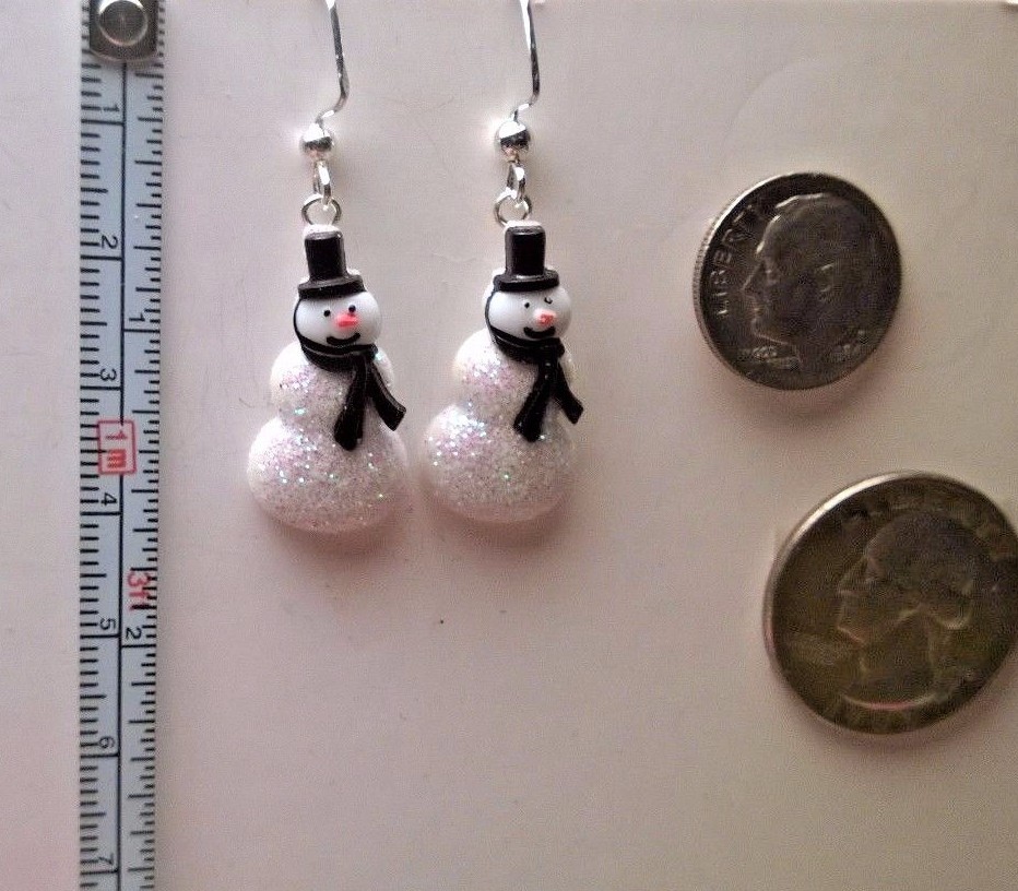 White glitter Snowman with black scarf Silver hook Earrings Ear Decorations
