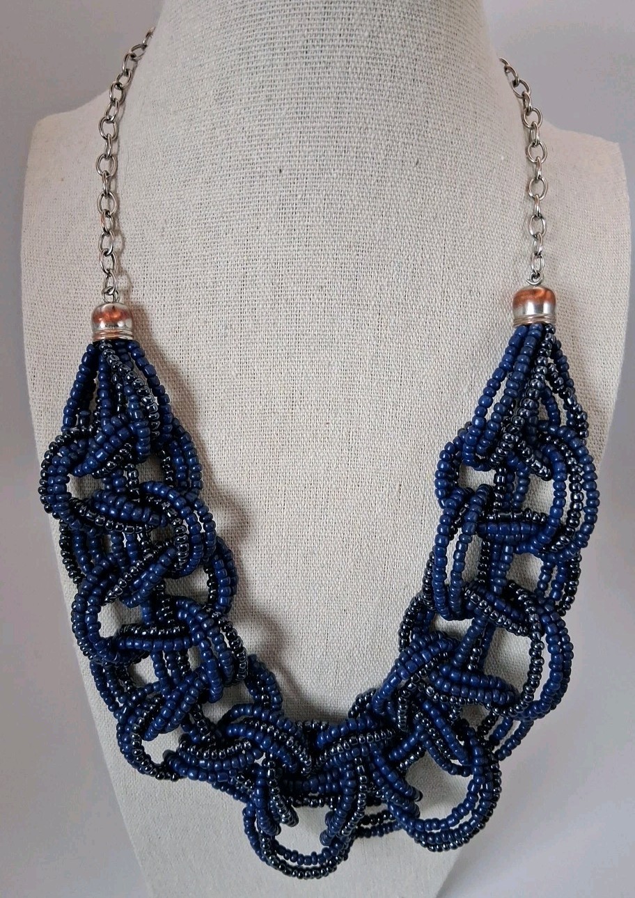 Statement Woven Bead Bib Necklace Gun Metal Grey/Navy Silver-tone 10″-12″