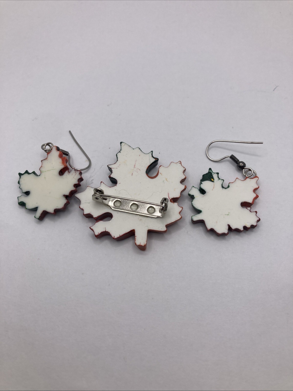 Fall Themed Multicolored Maple Leaf Leaves Brooch Pin And Earrings Set