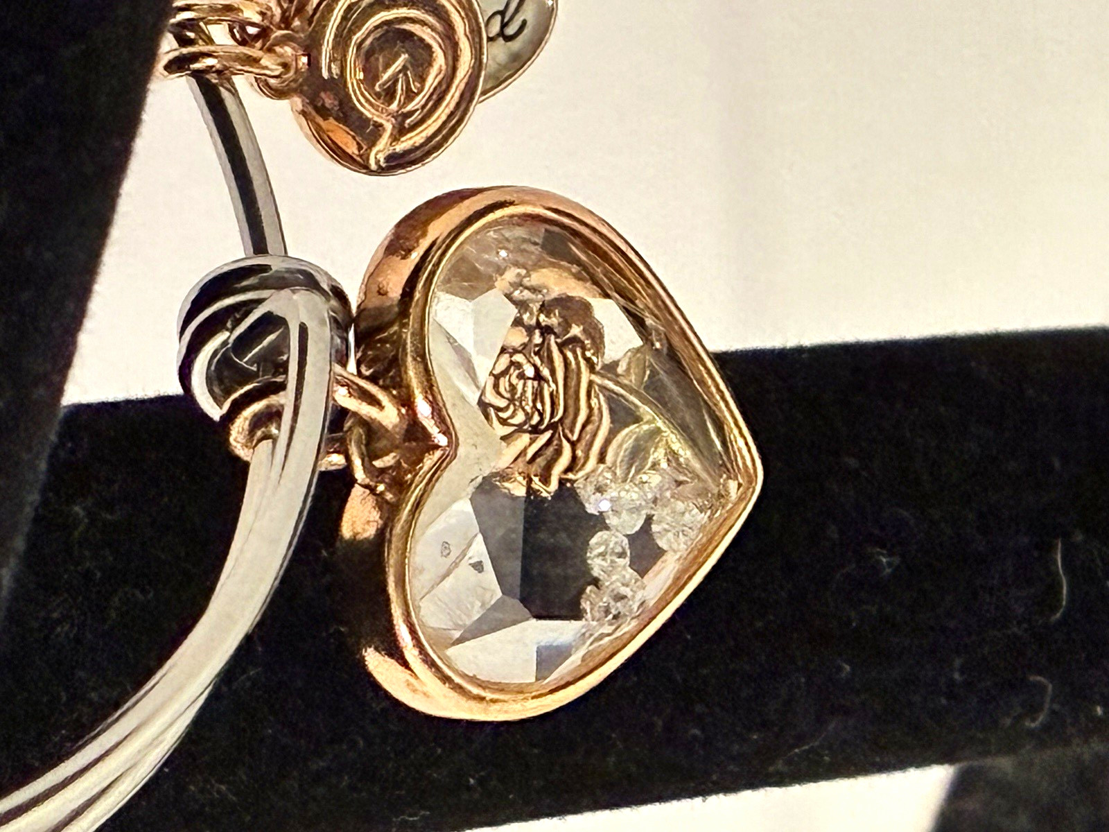 LA CN Rose Gold Tone Blessed Love This Life Charm Bangle Bracelet Clear Bead