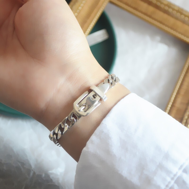 925 Sterling Silver Vintage Belt Buckle Chain Bracelet Trendy Cuban Link Bangle