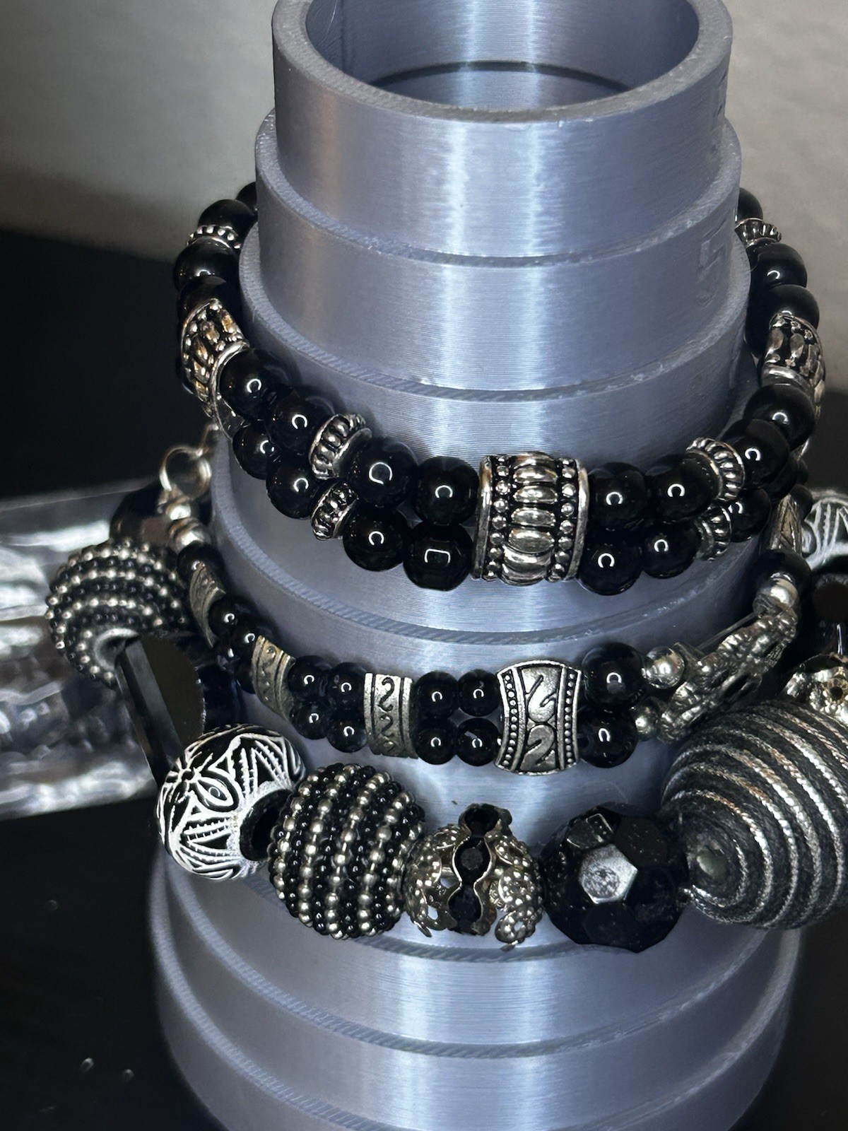 Black & Silver Glass Round Stone Jewelry Set w/ Necklace, Bracelet & Earrings