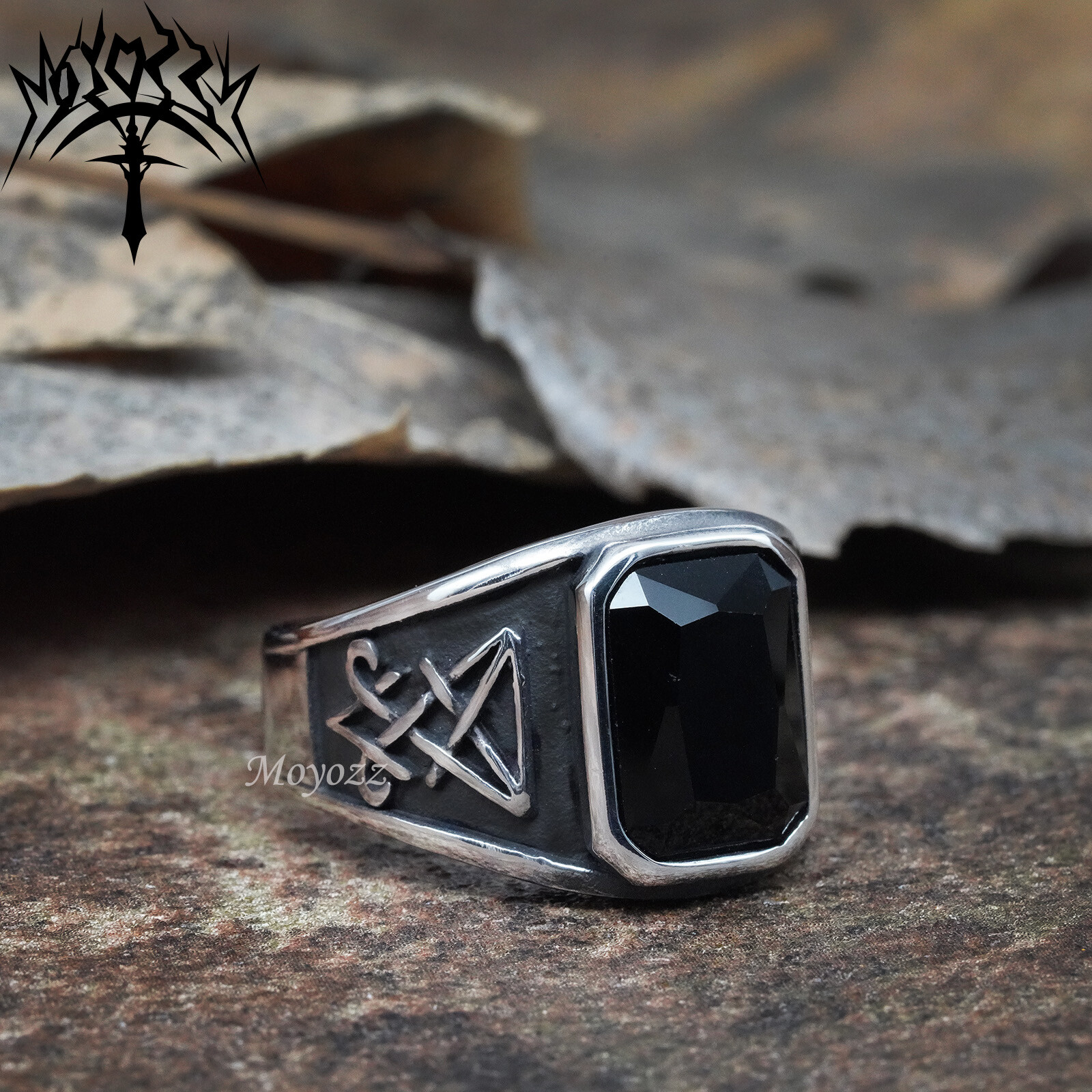 Fashion Mens Plated Stainless Steel Black Obsidian Stone Ring Men Size 7-15 Gift
