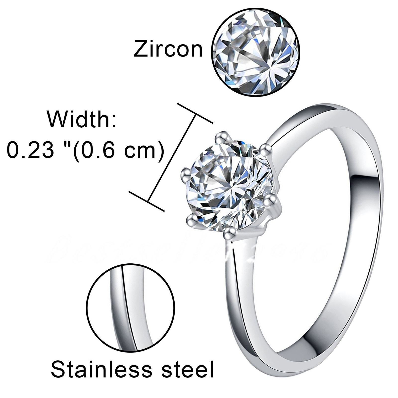 1.0 Carat CZ Womens Solitaire Wedding Ring Stainless Steel Band Size 5-11