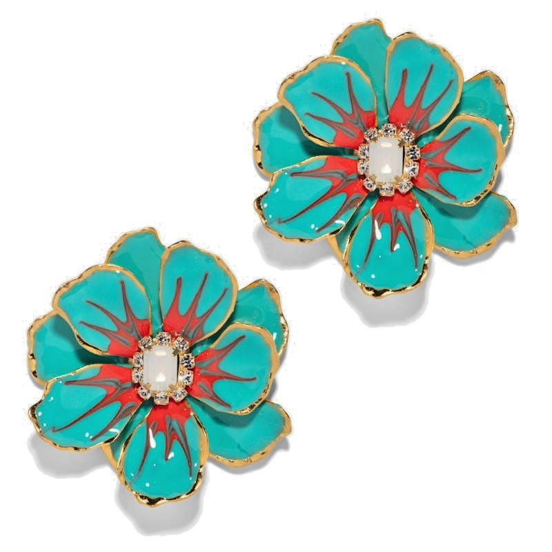 Anthropologie PINK REEF ENAMEL Hand paint jewel box Flower Earrings JEWELRY BLUE
