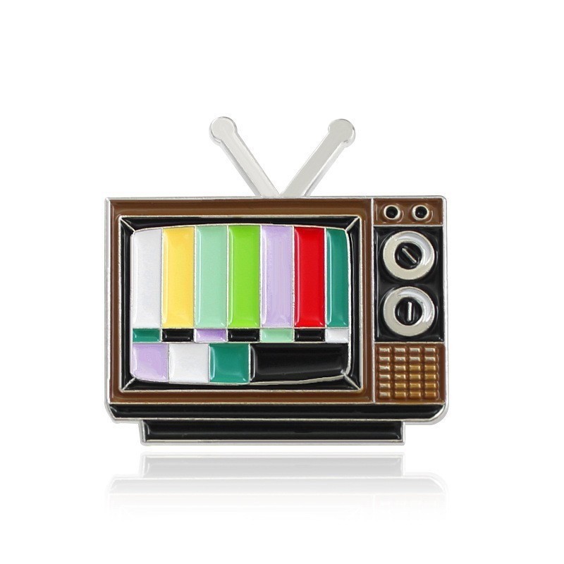 Vintage Television Pin Enamel Retro TV Static Screen Brooch Lapel Accessory