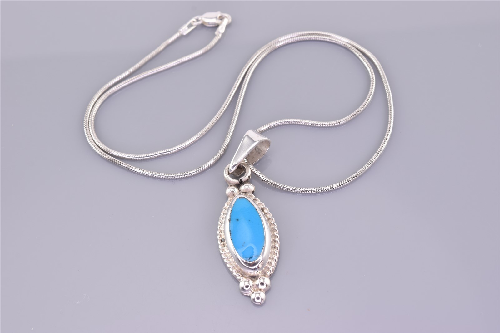 Sterling Silver 35mm x 11mm Oval Blue Turquoise 925 Pendant 16″ Chain