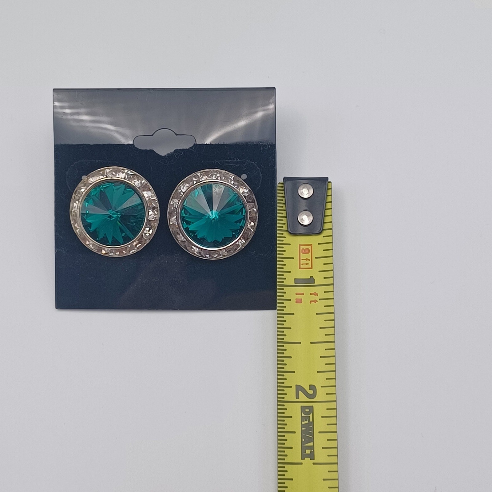 Silver Tone Teal Green Rhinestone Halo Stud Earrings Large Button Cocktail 1”