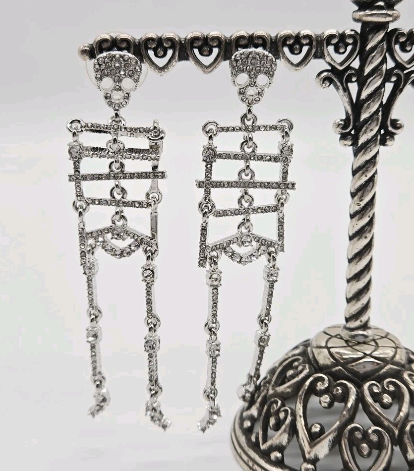 Crystal Skeleton Halloween Dangle Earrings Silver Tone Spooky Movable 3.5 in