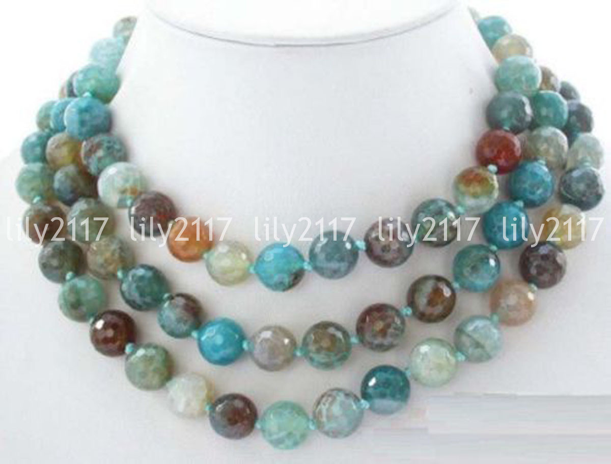 Beauty 8mm round blue polychrome agate faceted gemstone beads necklace 50” AAA