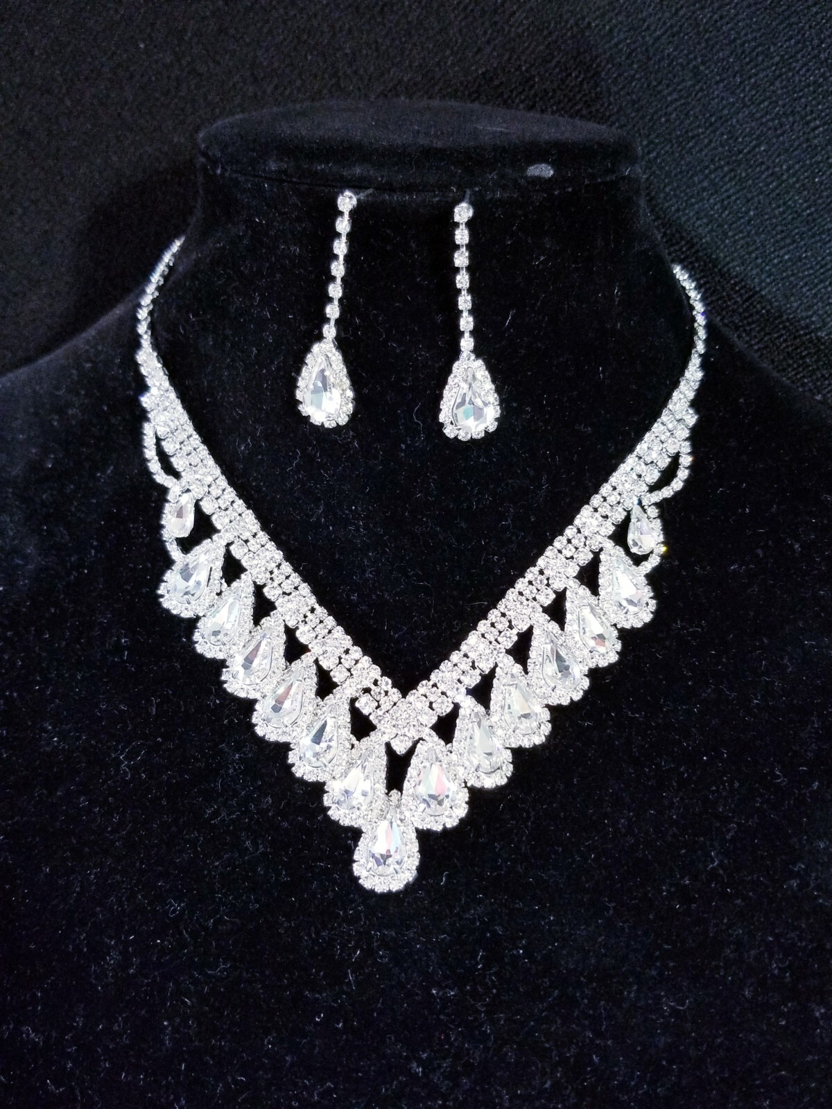 Clear Rhinestone Necklace Earring Set Bridal Prom Pageant Statement Drag Queen