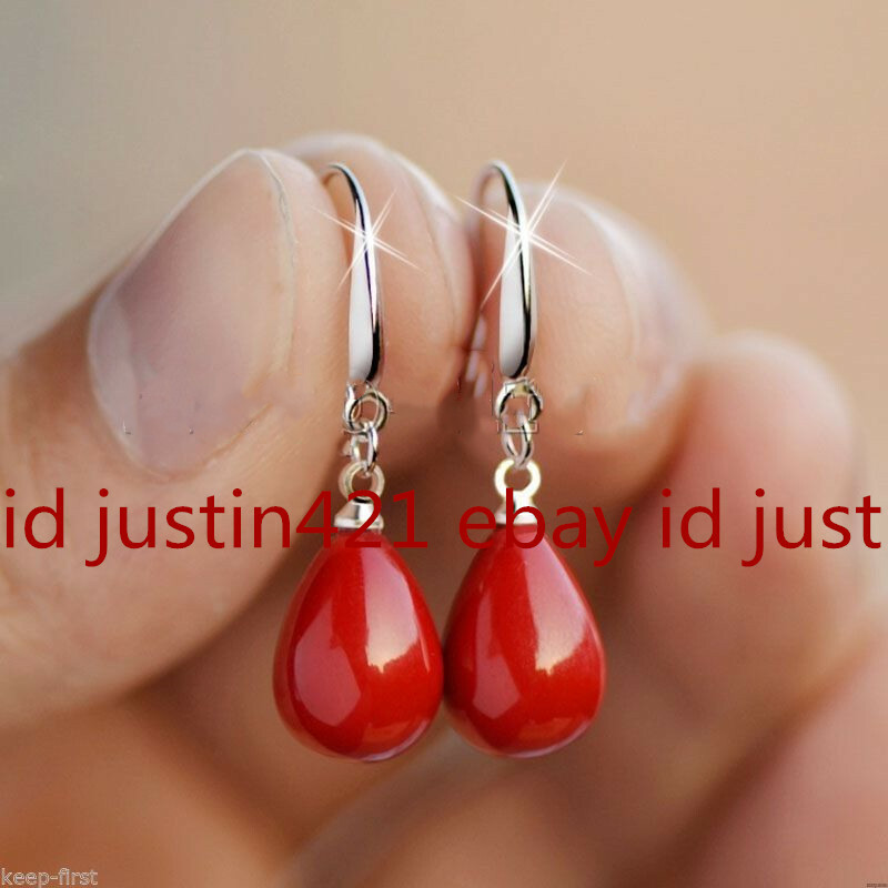Fashion 12x16mm Natural Coral Red South Sea Shell Pearl Drop Earrings AAA
