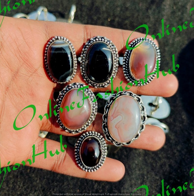 “Bulk Lot of Banded Agate Gemstone Rings – 925 Sterling Silver Plated Jewelry”