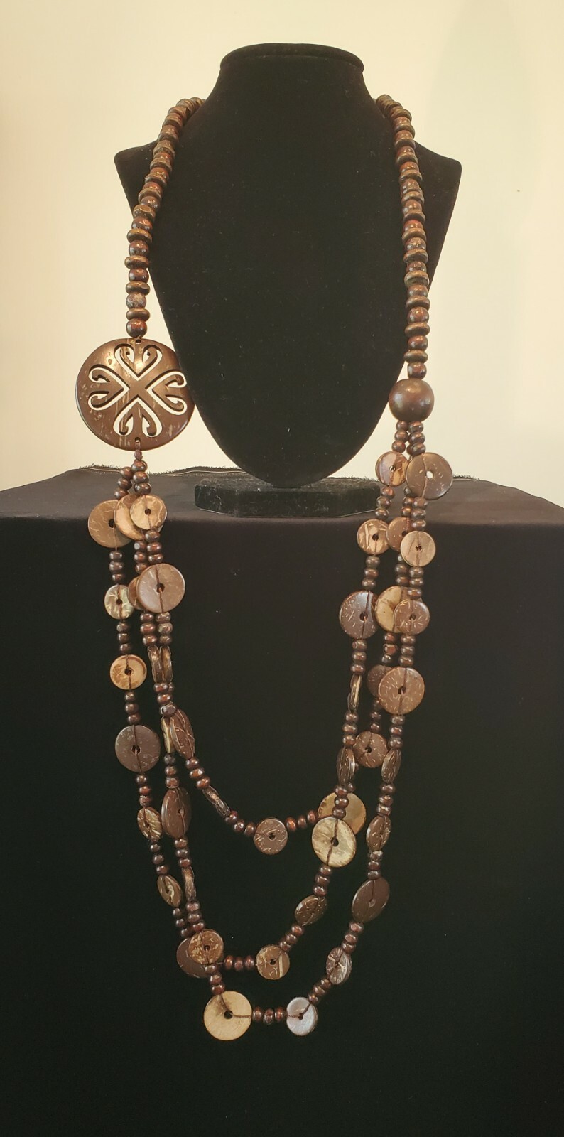 3-Strands Wood & Plastic Disc /Beads Necklace