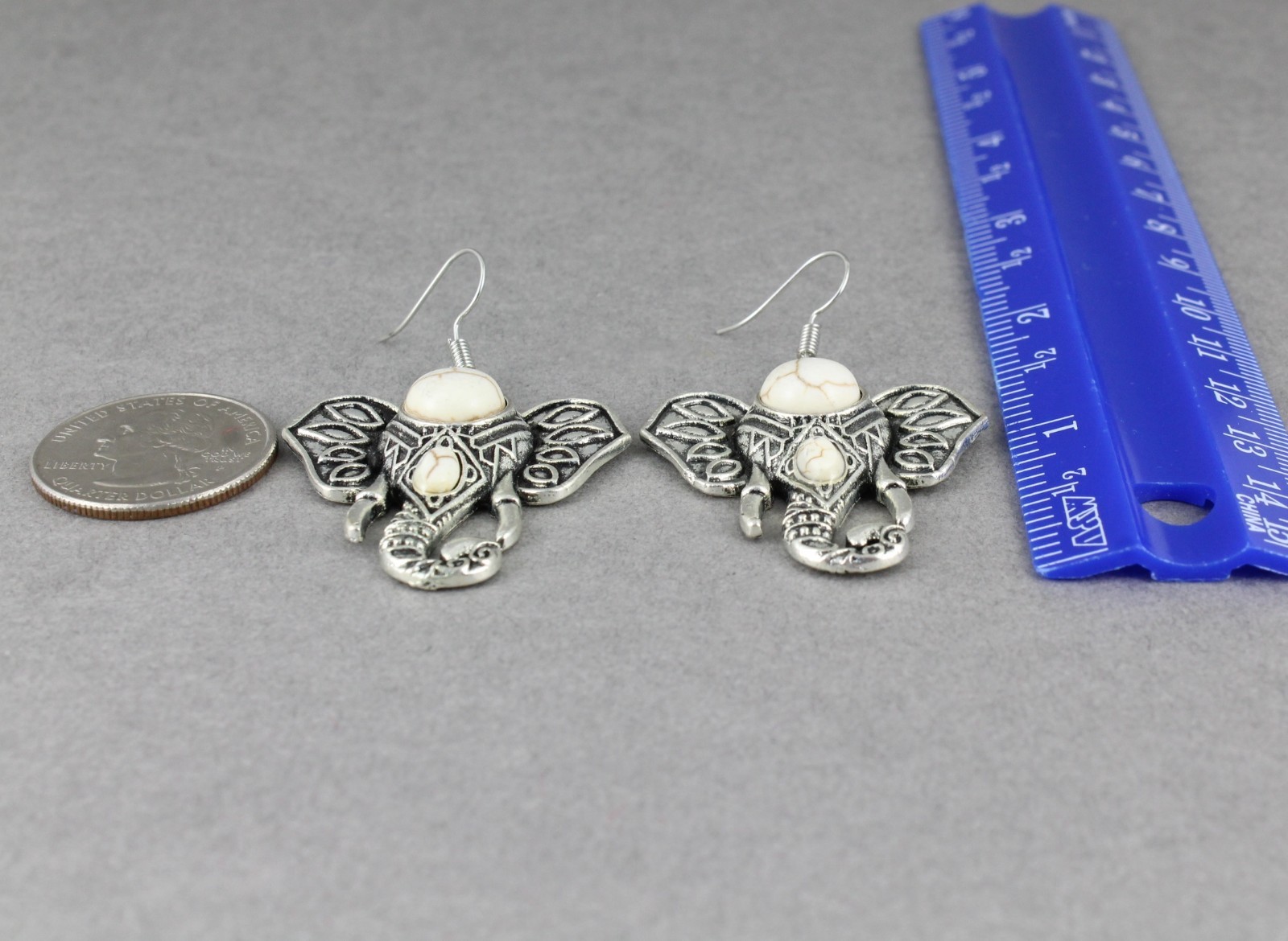 antiqued silver elephant earrings trunk ears pendant 2 1/8″ long cream bead