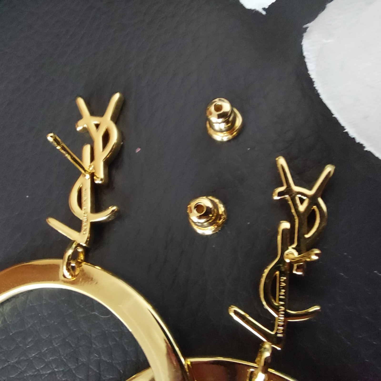 Auth. YVES SAINT LAURENT YSL LOGO Large Dangle HOOP EARRINGS Gold Tone