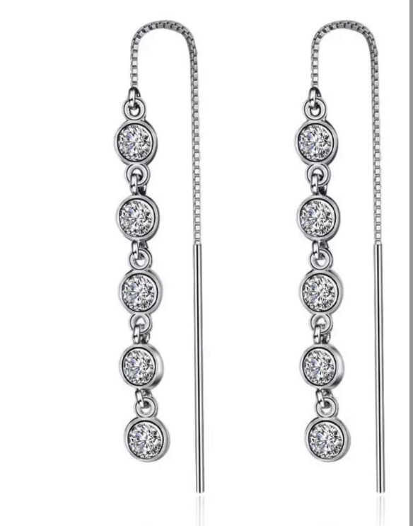 18K White gold Crystal Drop Threader Earrings Made With Swarovski Elements