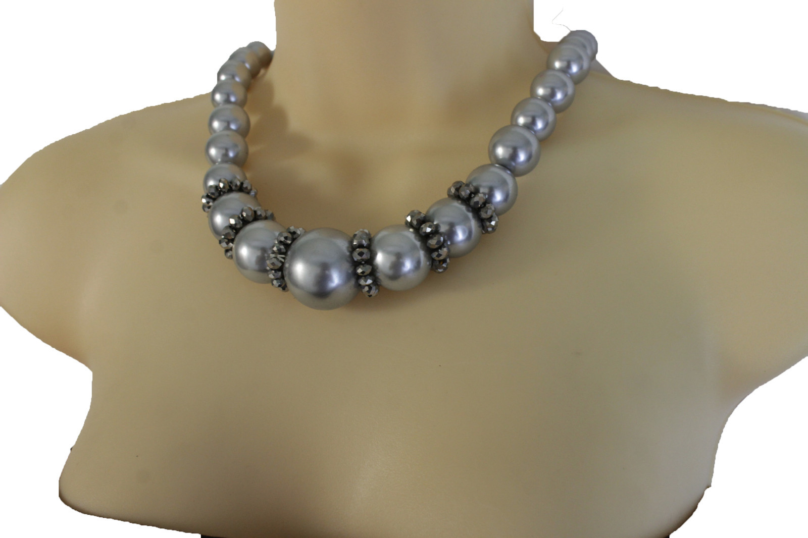 NEW Women Fashion Jewelry Short Necklace Grey Silver Imitation Pearl Beads
