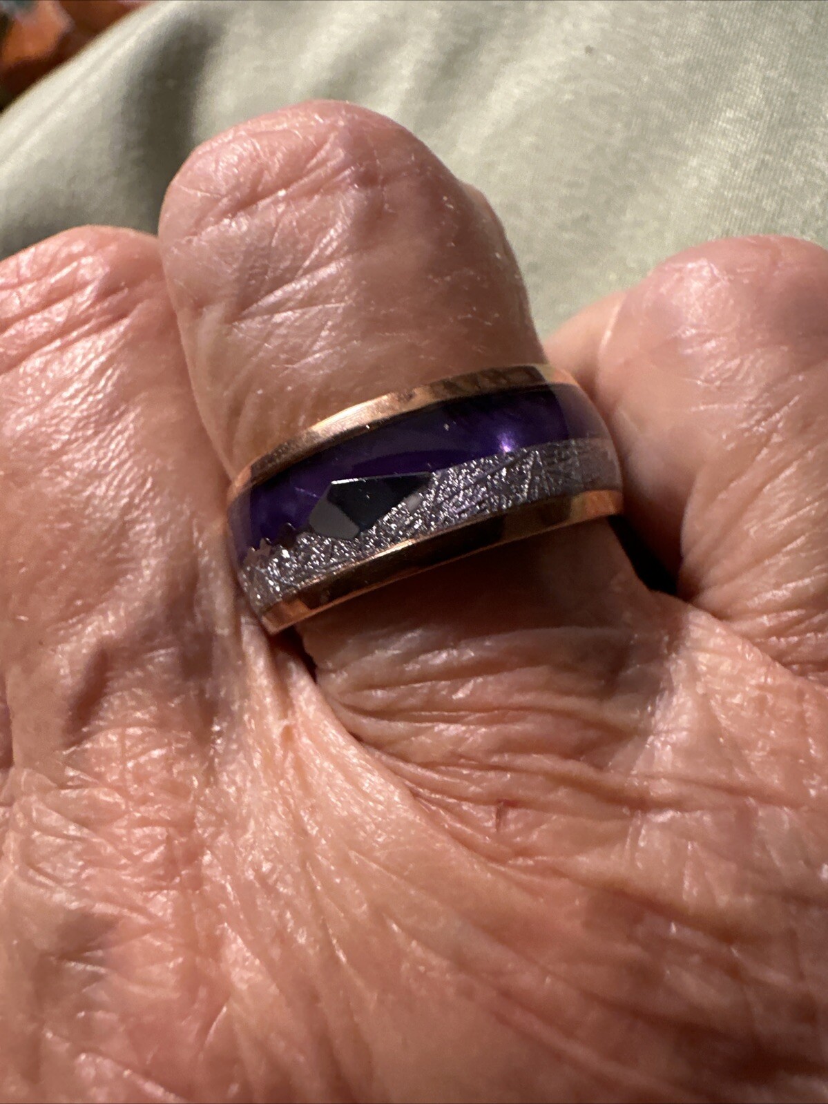 Elegant Rose Golden Band With Purple And Silver Accents In A Size 7