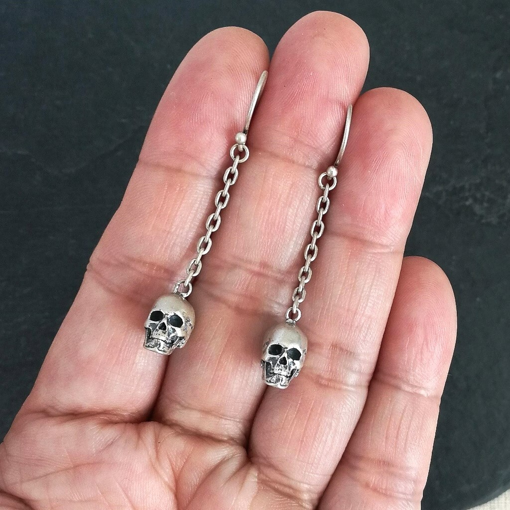 925 Sterling Silver Tiny Skull on Chain Drop Earrings Lightweight Gothic Unique