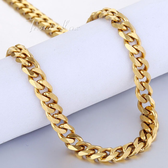 7MM Necklace Bracelet SET Stainless Steel Chain Gold Plated Cuban Link For MEN
