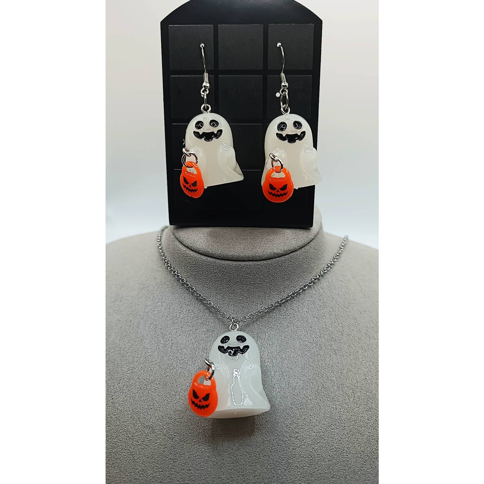 Glow in Dark Ghost Jack O Lantern Necklace Earrings Halloween Set