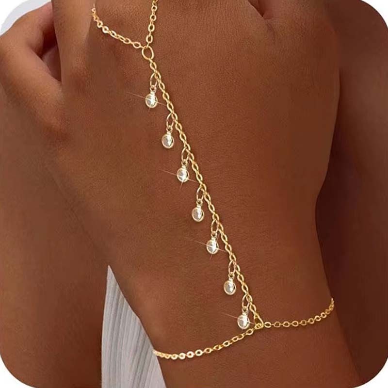 Stainless Steel Zircon Hand Harness Bracelet Ring Chain Tassel Jewelry for Women