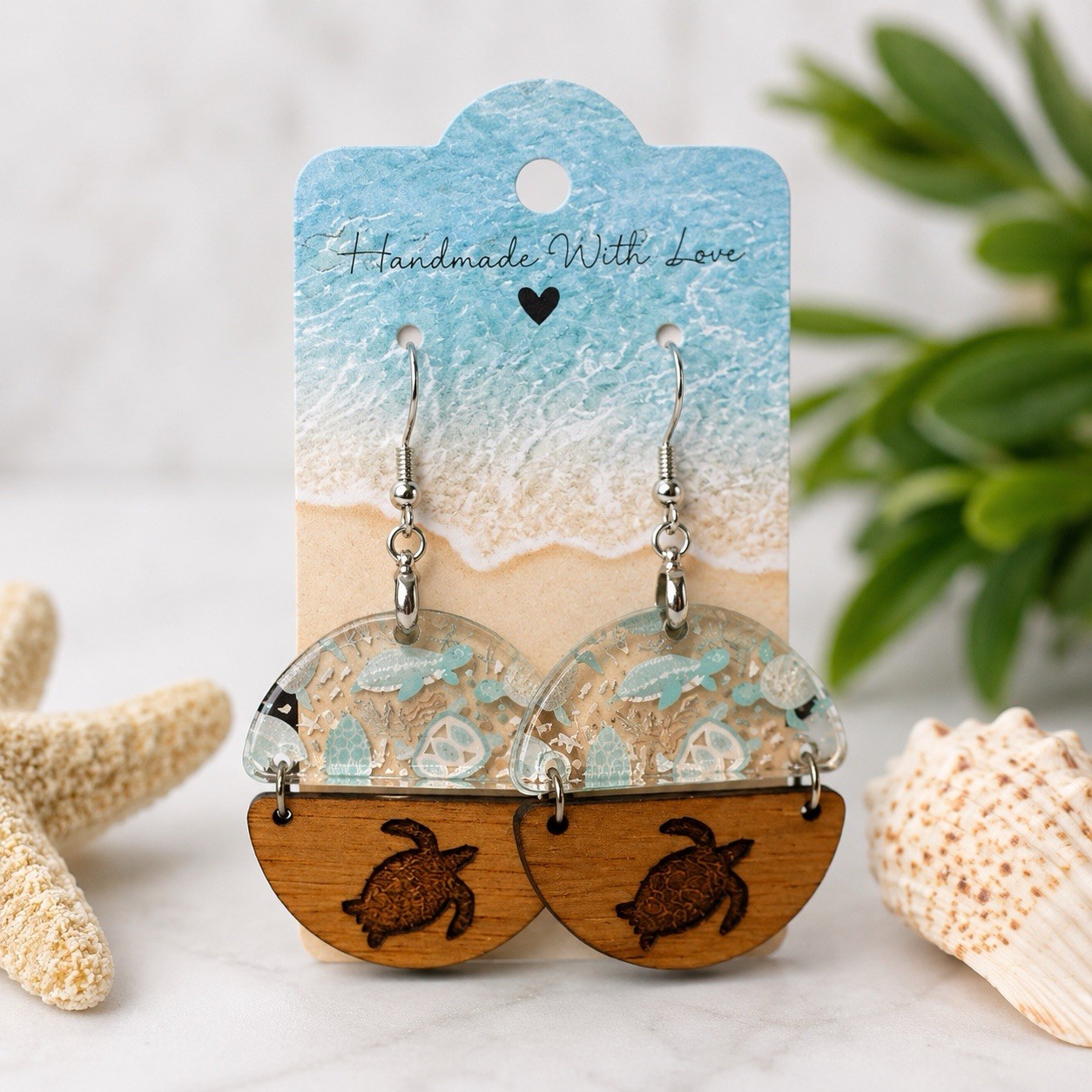 Sea Turtle Beach Earrings Ocean Coastal Dangle Earrings Handmade Laser Cut USA