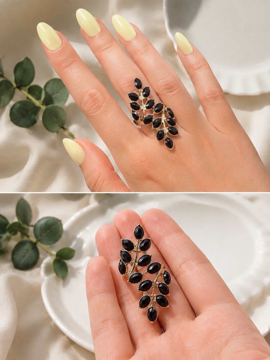 Gold Leaf Statement Ring with Black Stones