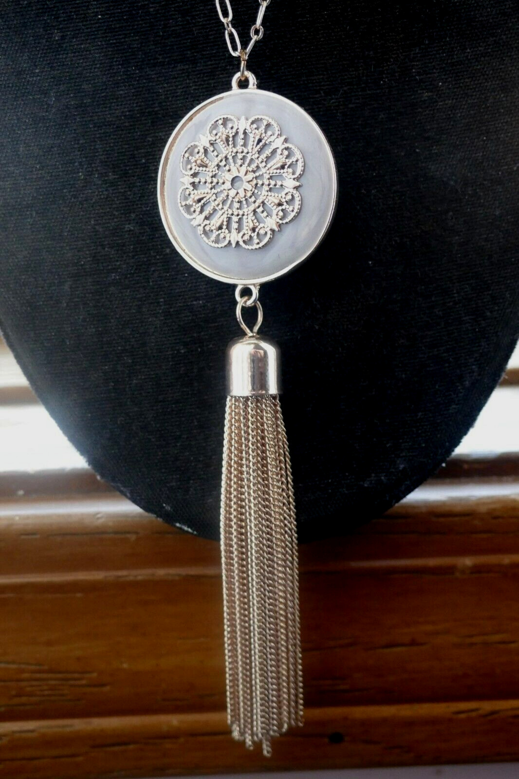 Light Purple Gray Filigree Rose Gold-tone Tassel Necklace 32″ to 34″ L Lobster