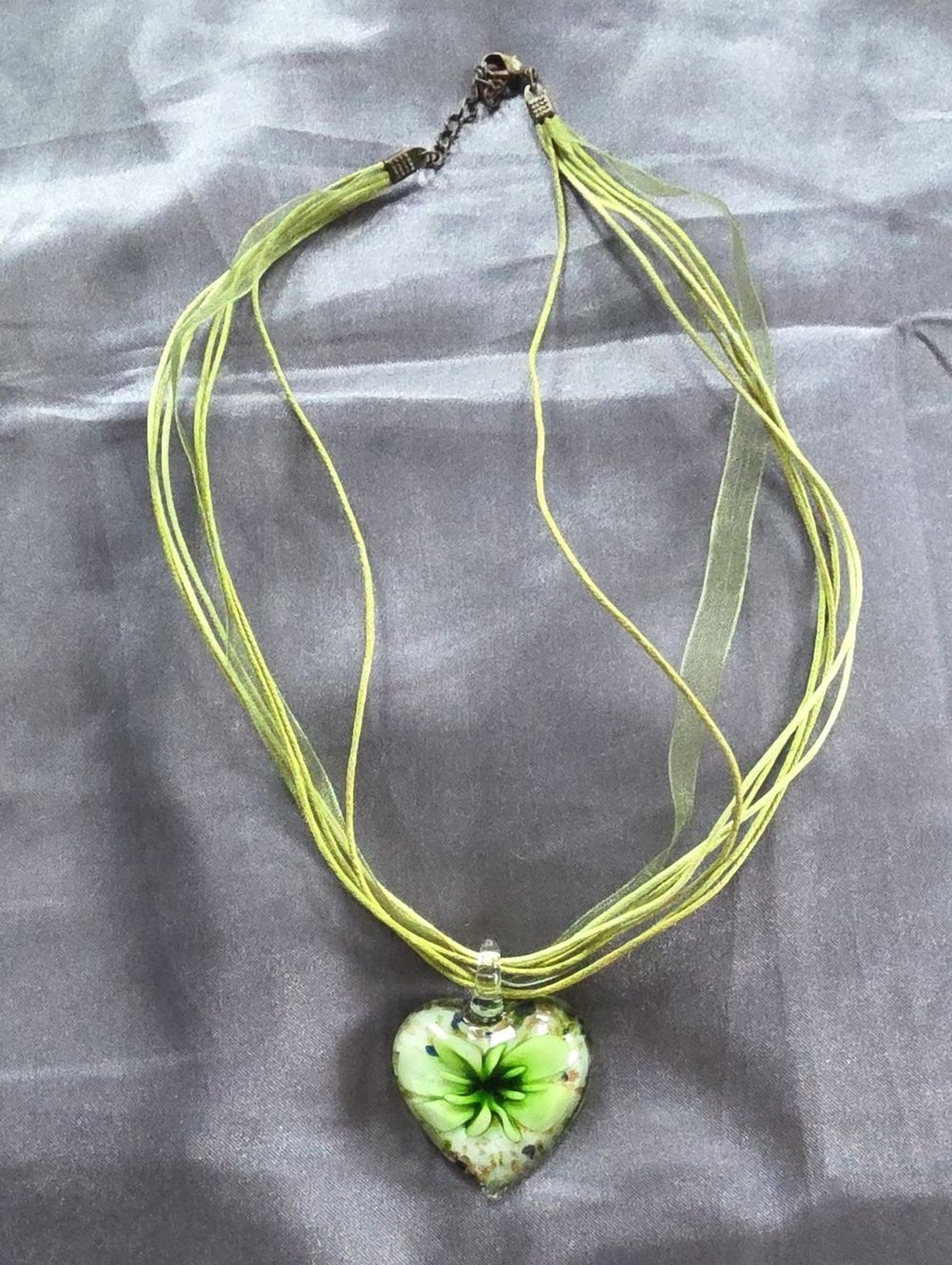 8 Strands Shade of Green Cord Necklace Heart Shaped Murano Glass Flower Pendant