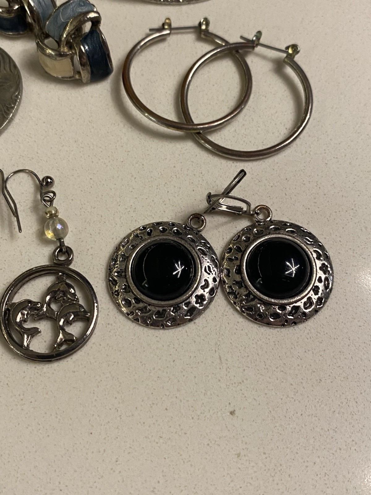 Lot of 8 Large Hoop And Dangle Earrings Mixed Pierced Silver Tone Enamel Studs