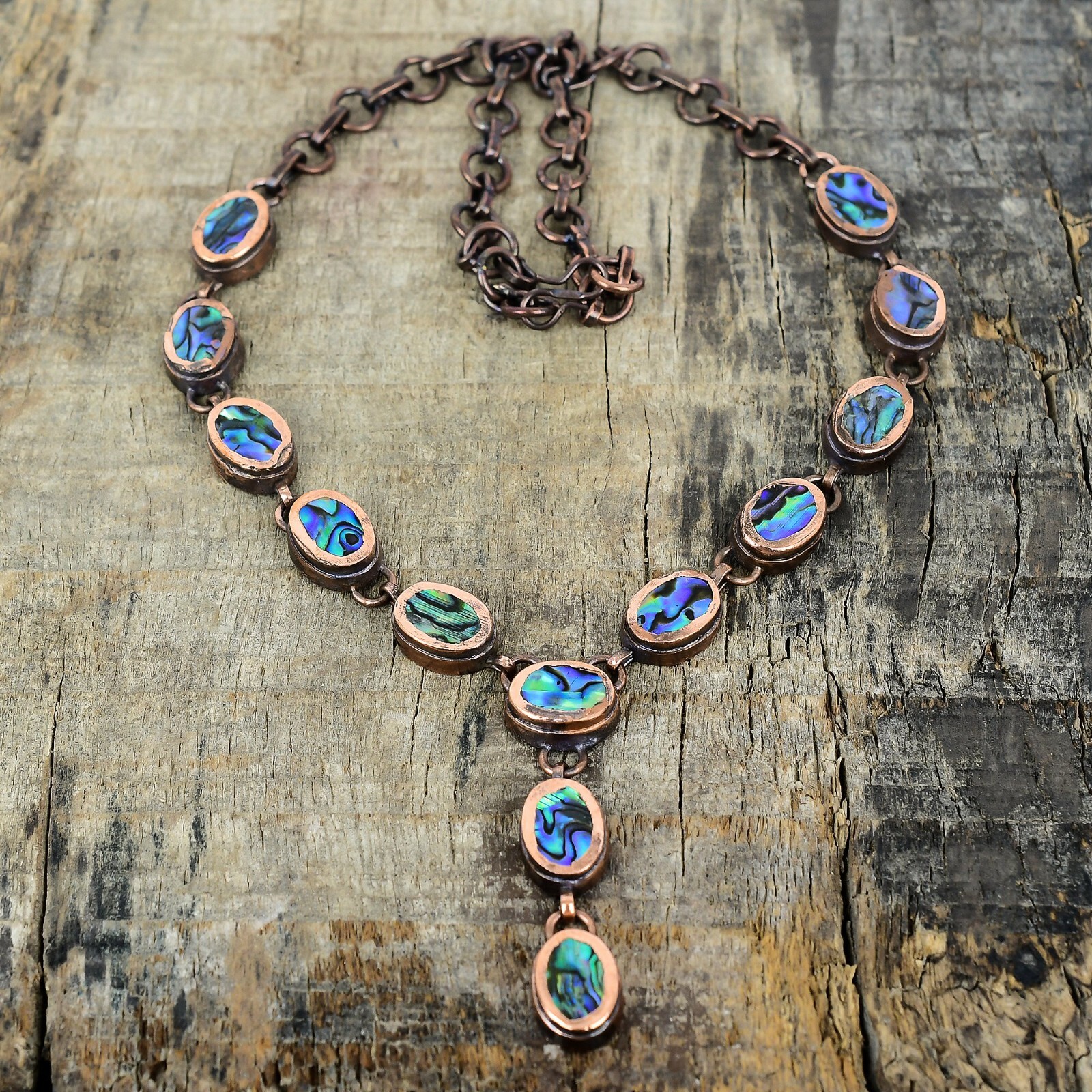 Valentines Sale Copper Oval Natural Abalone Shell Chain Electroformed Necklace
