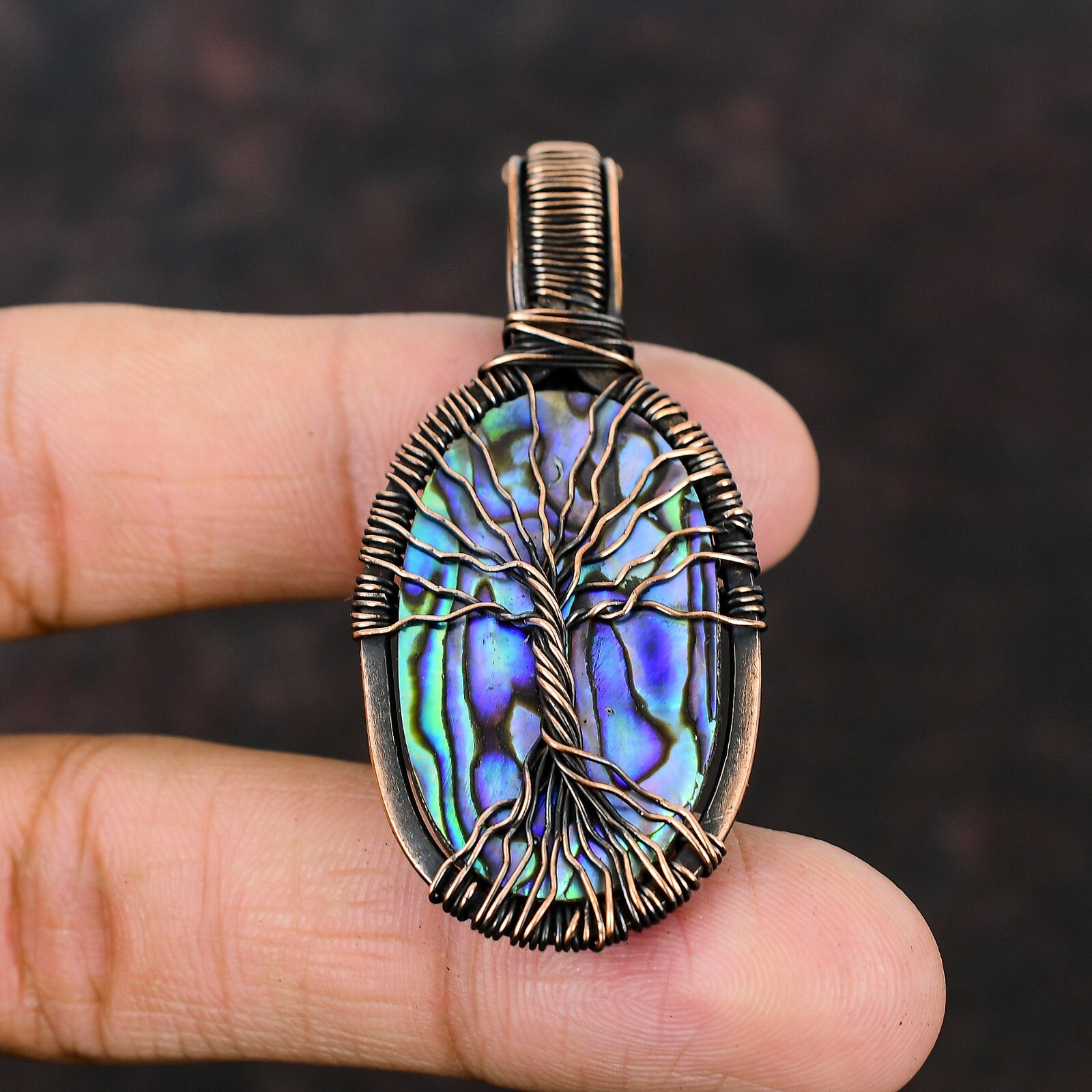 Abalone Shell Copper Gift For Love Wire Wrapped Tree Of Life Pendant 2.36″
