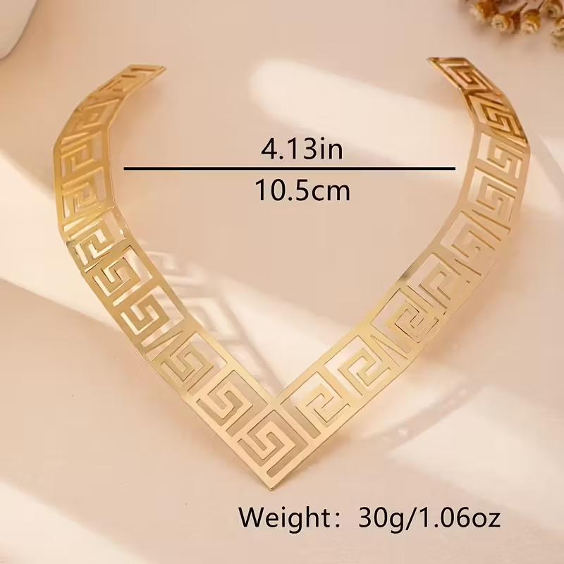 NEW WOMEN’S GOLD TONE GREEK KEY V STYLE NECKLACE OPEN BACK SLIP ON