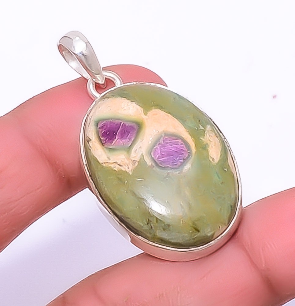 Ruby In Fuschite- India Gemstone (Lab-Created) 925 Silver Plated Pendant 1.68″